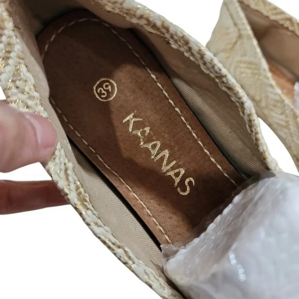 KAANAS Espadrille Flats Women 39 Gold Woven Geometric Boho Chic Metallic Slip on